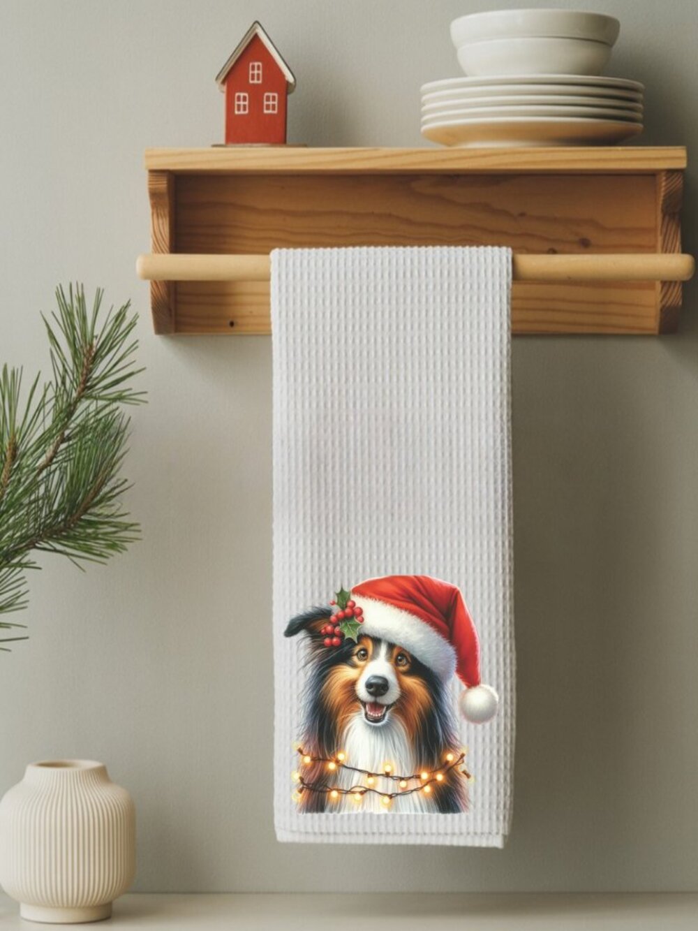 Shetland Sheepdog Christmas Lights Decorative Kitchen Tea Towel